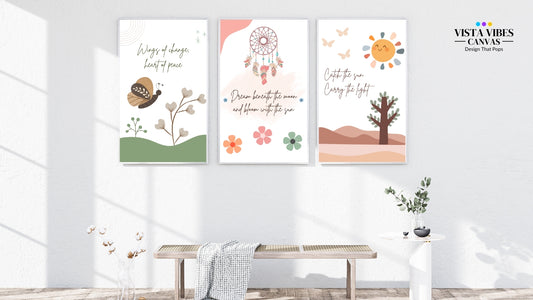Boho Inspirational Wall Art Printables – Set of 3 Digital Downloads | Sun, Dreamcatcher & Butterfly | Minimalist Nature Quotes Decor
