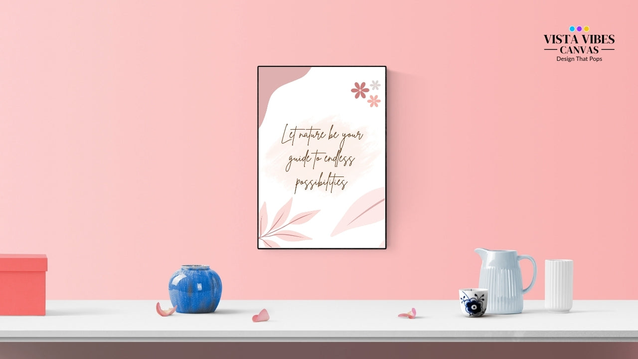 Framed artwork on pink wall with motivational quote Boho nature wall art printable with quote “Let Nature Be Your Guide to Endless Possibilities” – abstract digital download in earthy tones for mindful modern decor