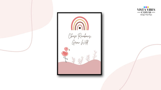 Framed artwork with a Boho wall art printable with quote "Chase Rainbows, Grow Wild" and abstract nature elements, flamingo and rainbow design on a wall