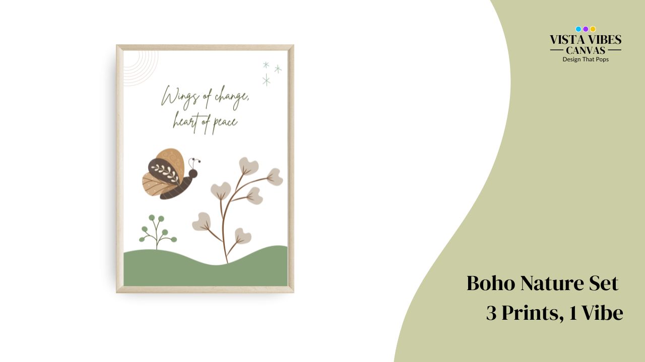 Serene butterfly illustration accompanied by the quote: 'Wings of change, heart of peace,' with gentle boho colors