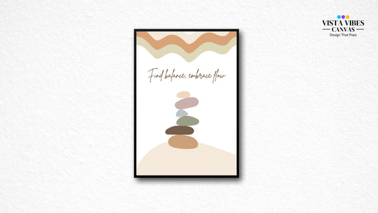 Zen boho wall art printable with quote “Find Balance, Embrace Flow” and stone stack illustration – digital download for calm, mindful decor