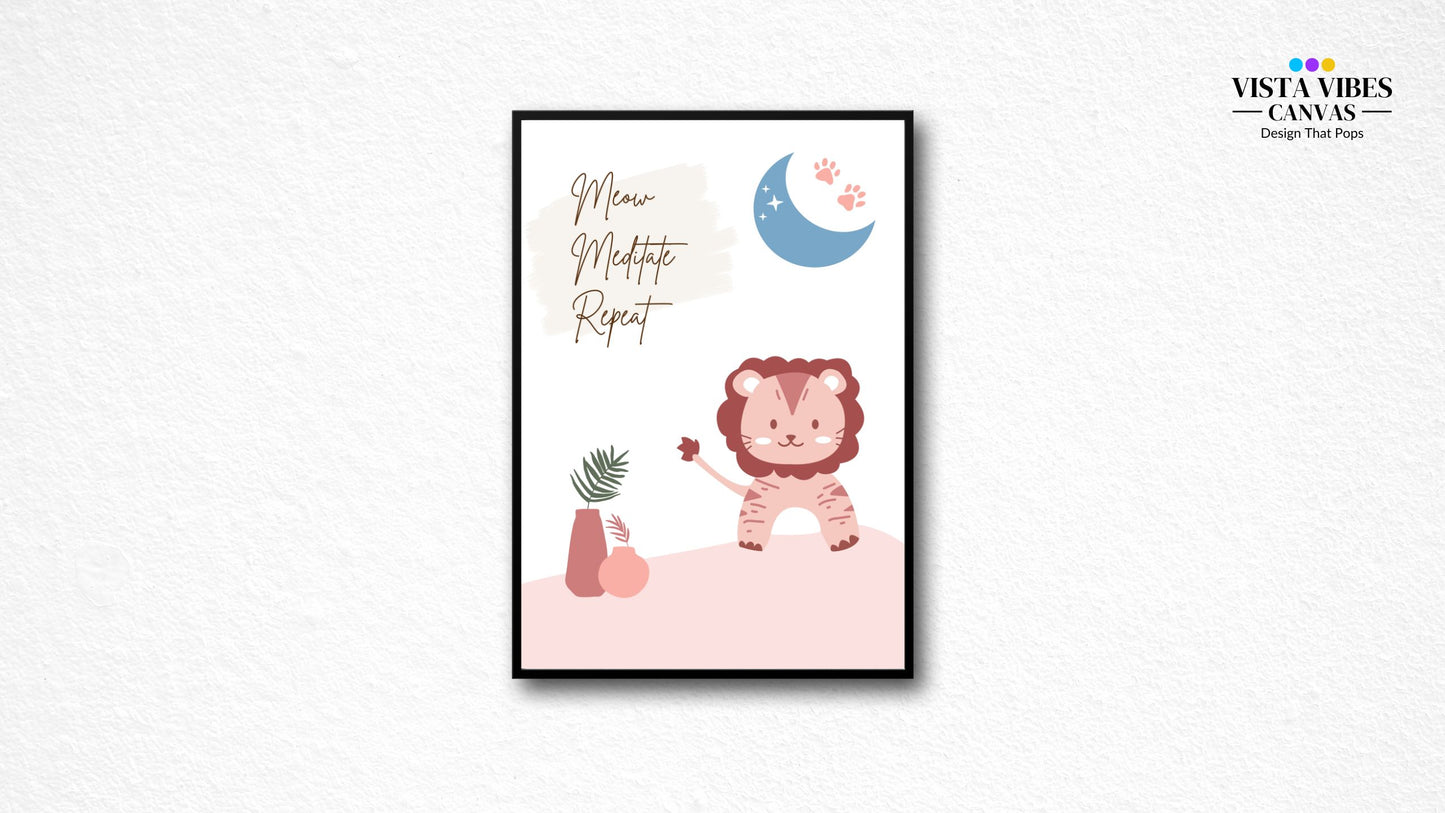A Cute cat meditation wall art printable with quote “Meow. Meditate. Repeat.” – minimalist boho design featuring meditating cat, moon, and indoor plants – digital download design