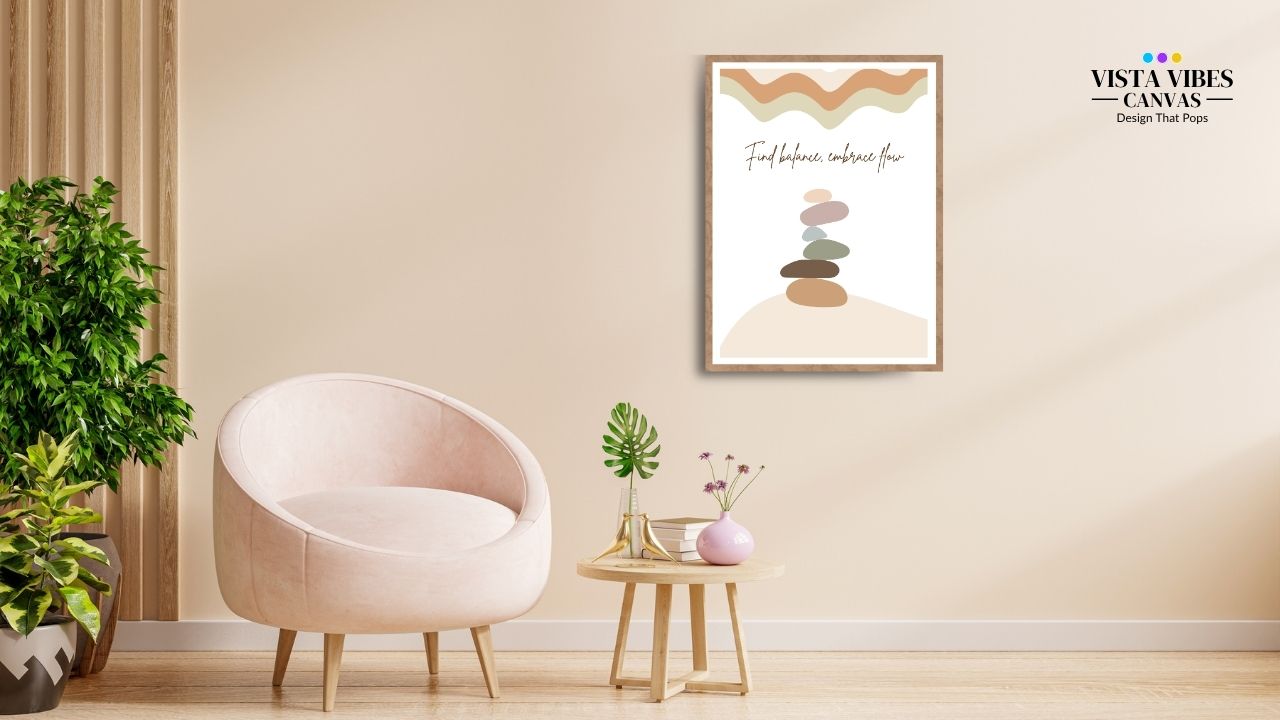 Modern living room with a white chair, plant, and wall art featuring Zen boho wall art printable with quote “Find Balance, Embrace Flow” and stone stack illustration – digital download for calm, mindful decor