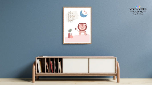 Framed children's poster with a Cute cat meditation wall art printable with quote “Meow. Meditate. Repeat.” – minimalist boho design featuring meditating cat, moon, and indoor plants – digital download design on a blue wall above a wooden shelf.