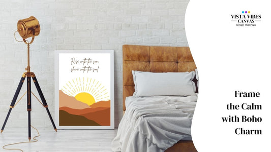 Boho sunrise wall art printable with quote “Rise with the sun, shine with the soul” featuring minimalist mountain and sun illustration – digital download for calming home decor