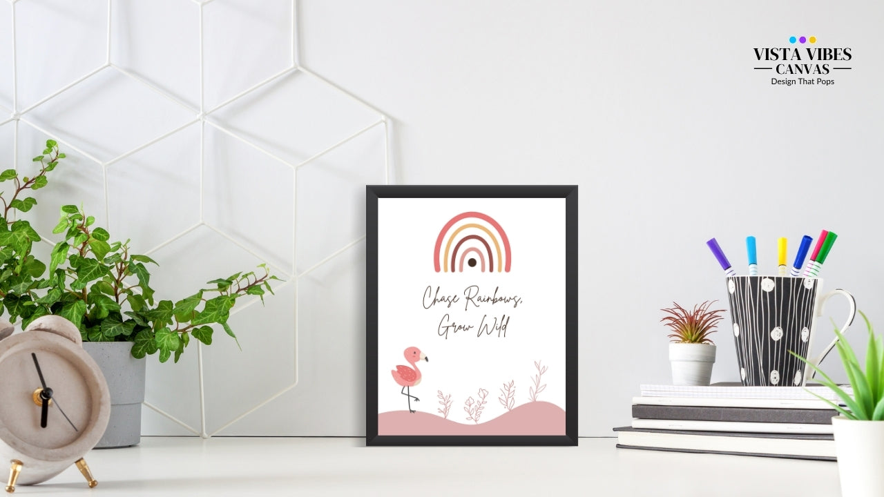 Framed artwork with a Boho wall art printable with quote "Chase Rainbows, Grow Wild" and abstract nature elements, flamingo and rainbow design on a white wall with decor items 