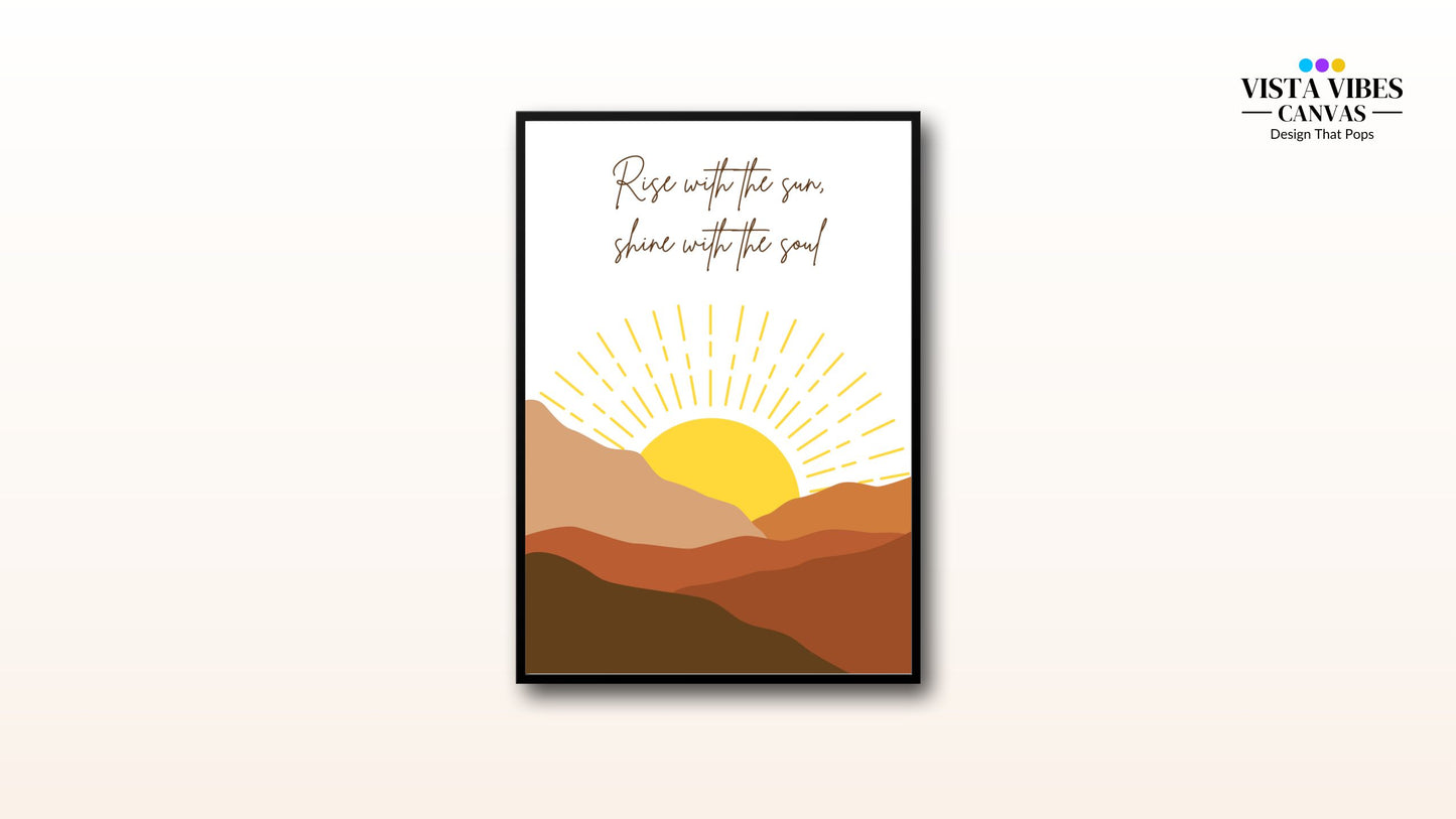 Boho sunrise wall art printable with quote “Rise with the sun, shine with the soul” featuring minimalist mountain and sun illustration – digital download for calming home decor